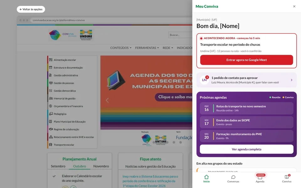 Prévia: site do Conviva com o Meu Conviva aberto num painel lateral inteiro.